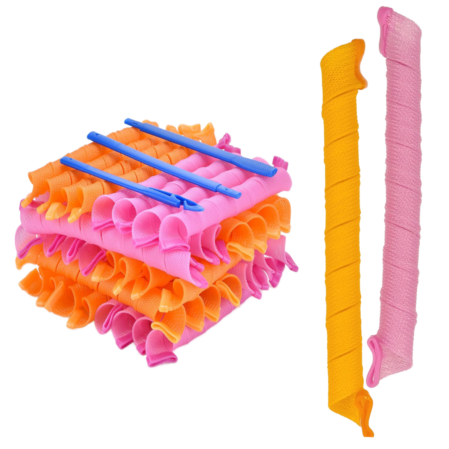 Heatless Cold Spiral Hair Curlers 55cm Nylon Fabric Rod Orange &amp; Pink for Long Hair Overnight Curls Styling Hook Home Use