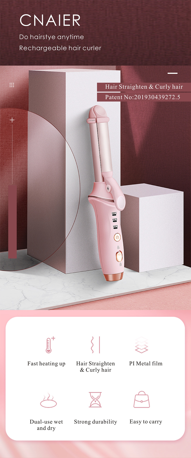 2 in 1 Cordless Hair Curling Iron Electric Hair Straightener and Hair Curler Professional
