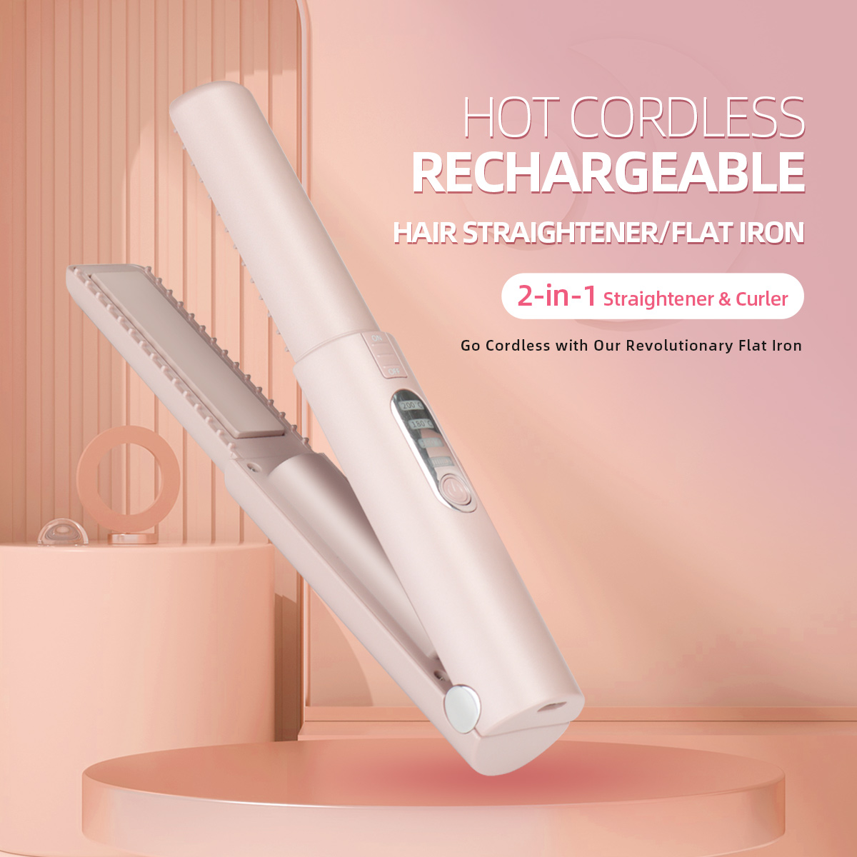 Professional-Grade Ceramic Weave Rechargeable USB Ladies Portable Bling 2-in-1 Wireless Hair Straightener &amp; Curler