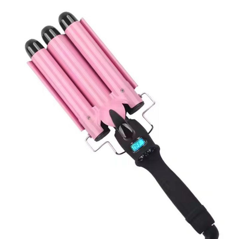 Private Label 3 Barrel Curling Iron Wand Pink Ceramic Tourmaline LCD Temperature Adjustable Hair Curler Hair Waver Iron