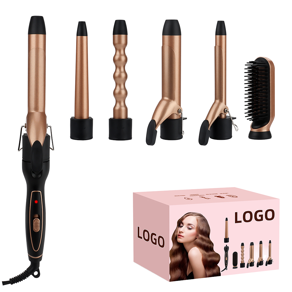 Custom Private Label TPX D002P 5-in-1 Interchange Ceramic Clampless Hair Curler Wand Set Electric PTC Heater LED Display