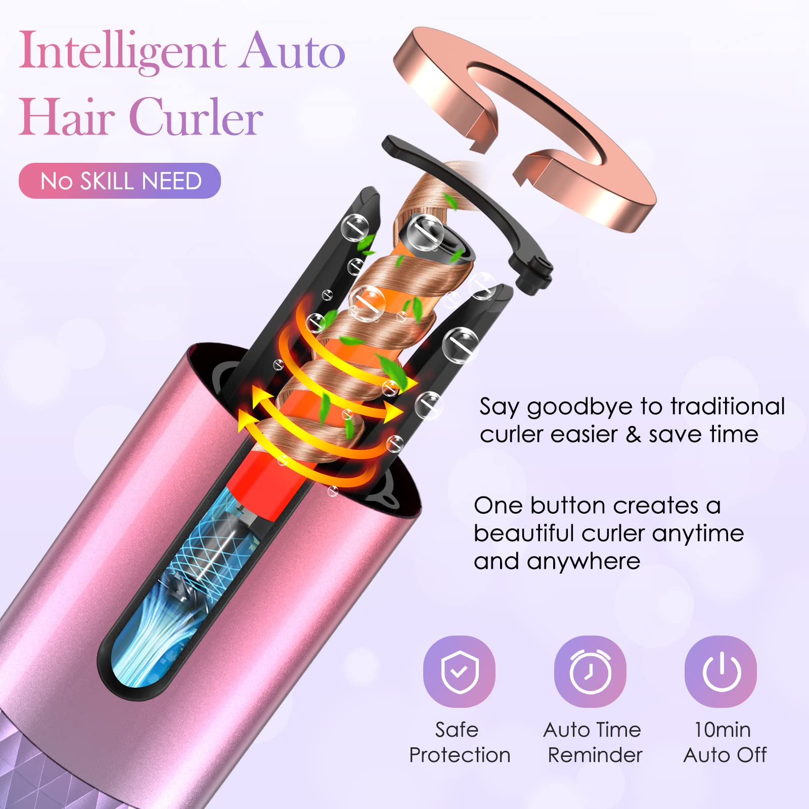 Automatic Curling Iron Cordless Auto Hair Curler Wireless Auto Curler Silky Curls Fast Heating USB Portable Timing Hair Curler