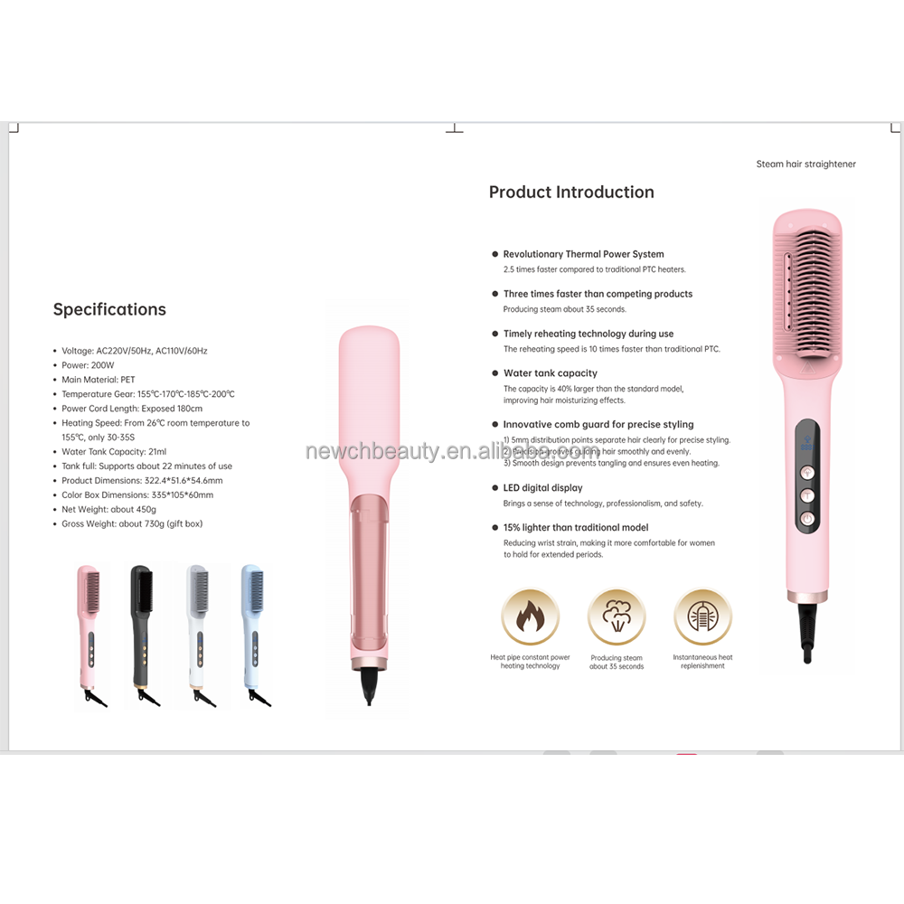 Electric Steam Hair Straightener Brush Curling Iron Comb 21ML Water Tank Curler Ionic Salon Barber Household Hair Styling Tool