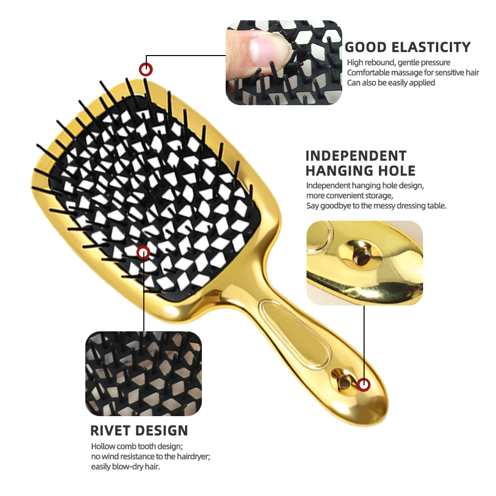 Electroplated Gold Vent Cushion Wide Tooth Detangling Hair Straightening Brush Set with Hair Styling Tools
