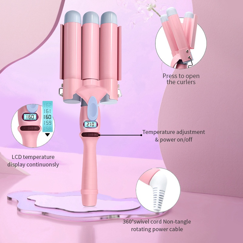 Electric Curling Iron Egg Roll Stick Dry Hair 3-in-1 Tourmaline Ceramic 3-Temperature Settings Flat Iron Three-Tube Hair Curler