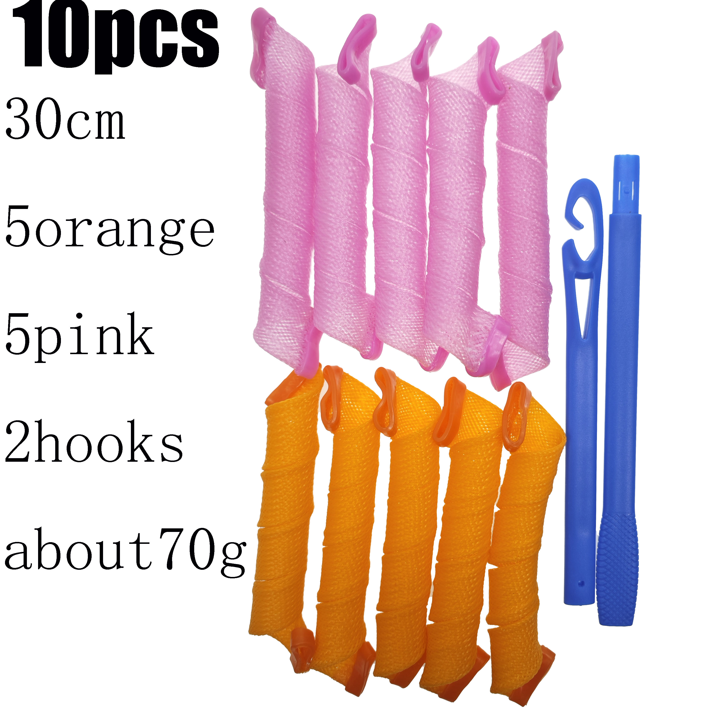 10pcs Cold Nylon Rod Spiral Curls No Heat Hair Rollers Kit with Styling Hooks for Long Hair 30cm/18.1Inch Home Use