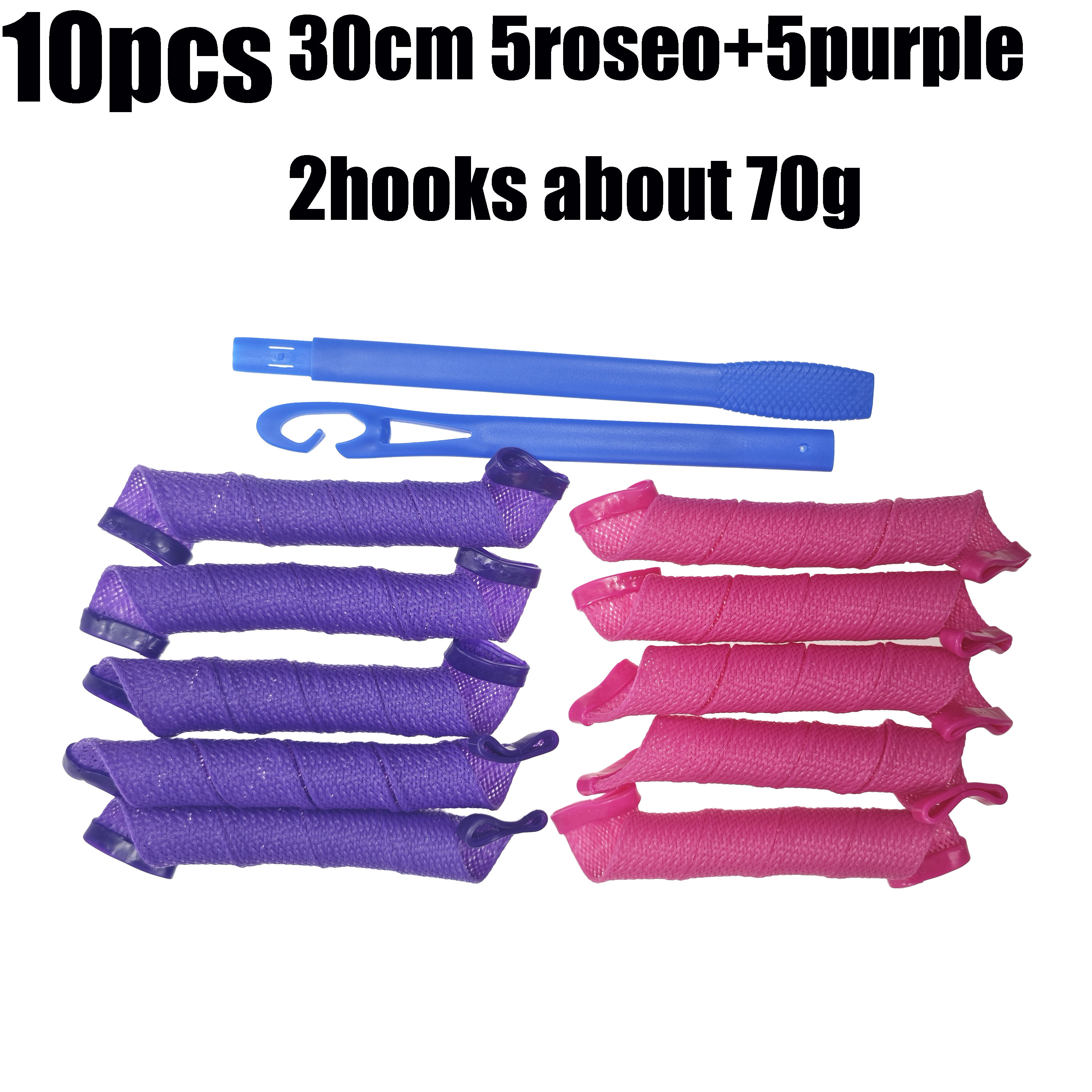 10pcs Cold Nylon Rod Spiral Curls No Heat Hair Rollers Kit with Styling Hooks for Long Hair 30cm/18.1Inch Home Use