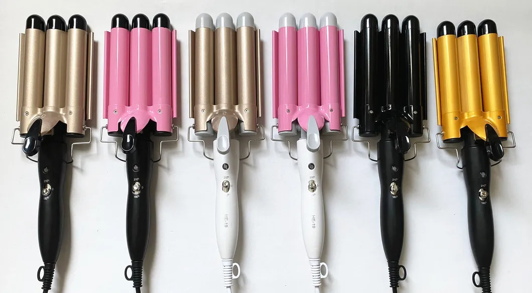 Portable Dual Voltage Three Barrel Curling Iron Features Ceramic Plates and an Adjustable LCD Temperature Display.