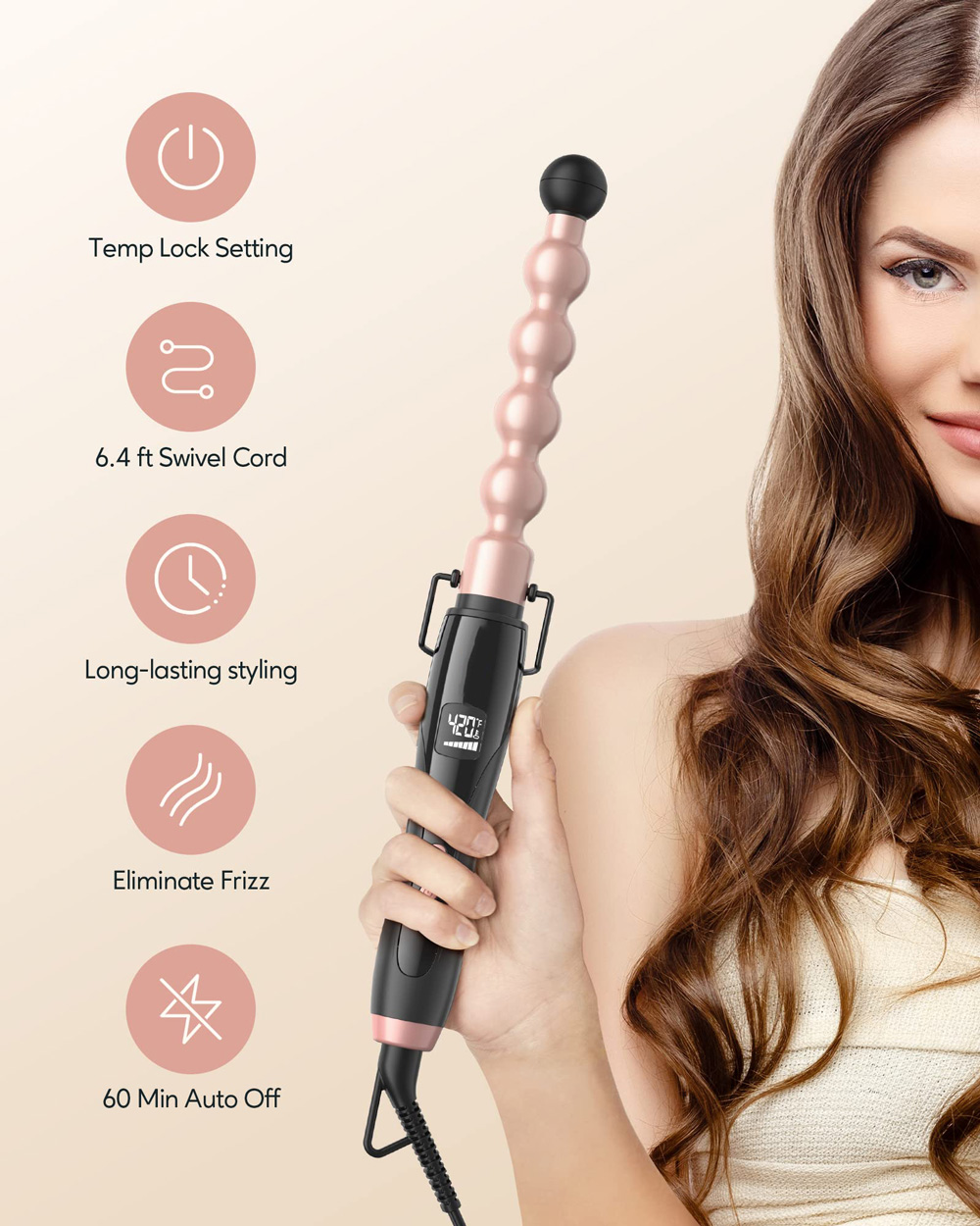 NB WIDE Electric Ceramic PTC Curling Wand with LCD Temperature Display 1 Inch Bubble Design Short Long Hair Hotel &amp; Household