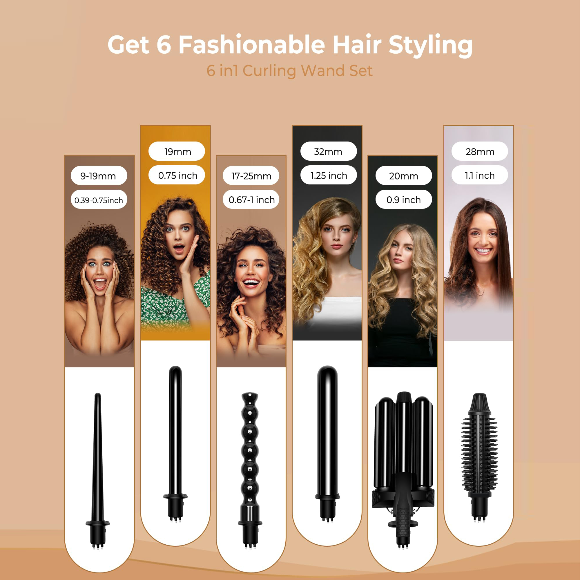 Custom Logo 6 in 1 Hair Curling Iron Set Professional Interchangeable Wand with LCD Display and Portable Travel Case