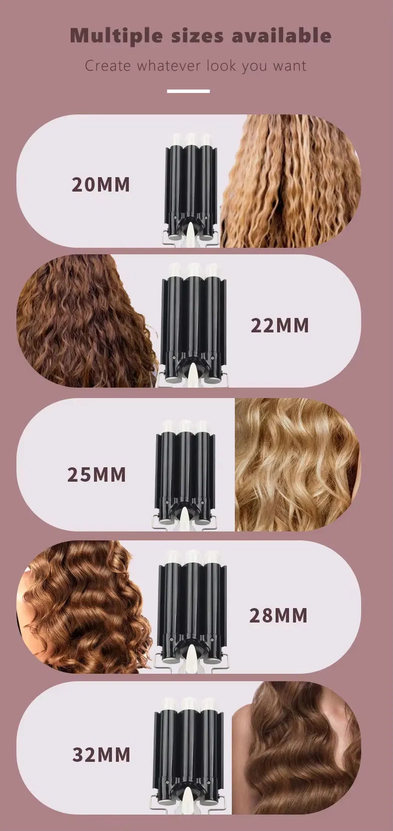 Private Label 3 Barrel Curling Iron Wand Pink Ceramic Tourmaline LCD Temperature Adjustable Hair Curler Hair Waver Iron