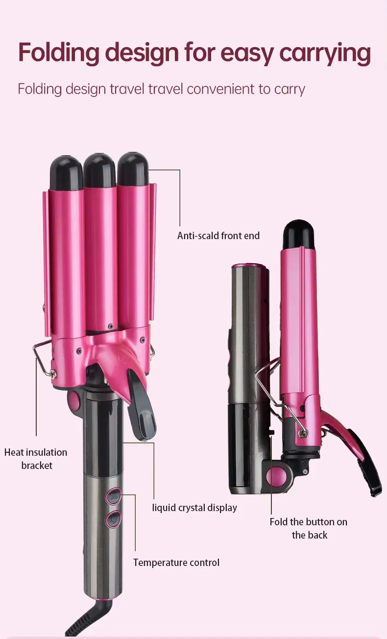 Home Use Three Barrel Ceramic Big Wave Curler Automatic LED Curling Iron with Triple Barrel Hair Waver Hair Curler
