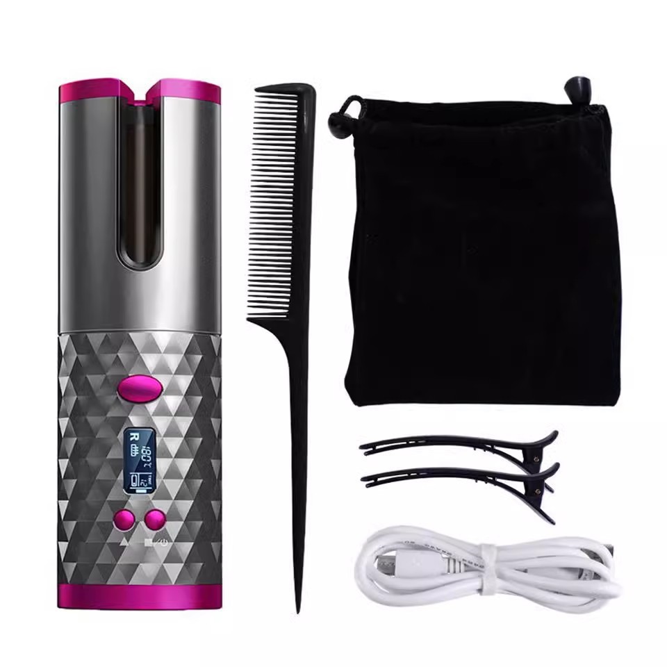 Customized Private Label Cordless USB Rechargeable Automatic Hair Curler Set LCD Digital Display 3 Temperature Household Hotel