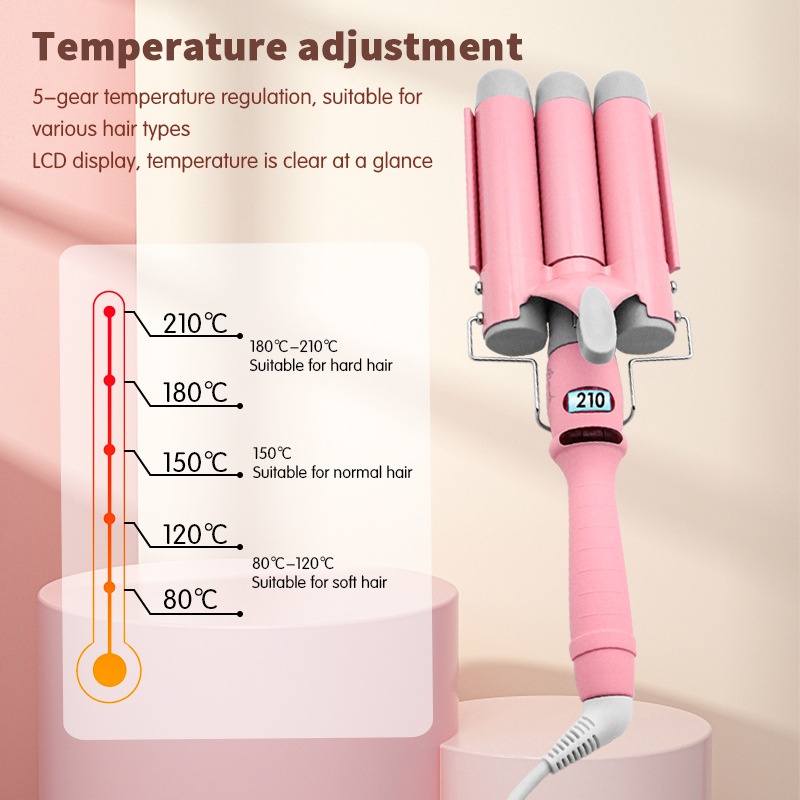 Electric Curling Iron Egg Roll Stick Dry Hair 3-in-1 Tourmaline Ceramic 3-Temperature Settings Flat Iron Three-Tube Hair Curler
