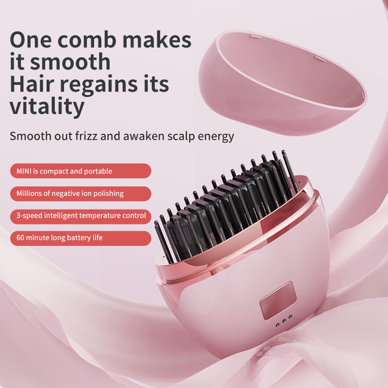 Mini Rechargeable Hair Straightener Wireless Portable Travel Lazy Hair Brush Negative Ion 2-in-1 Straightening Curling Iron