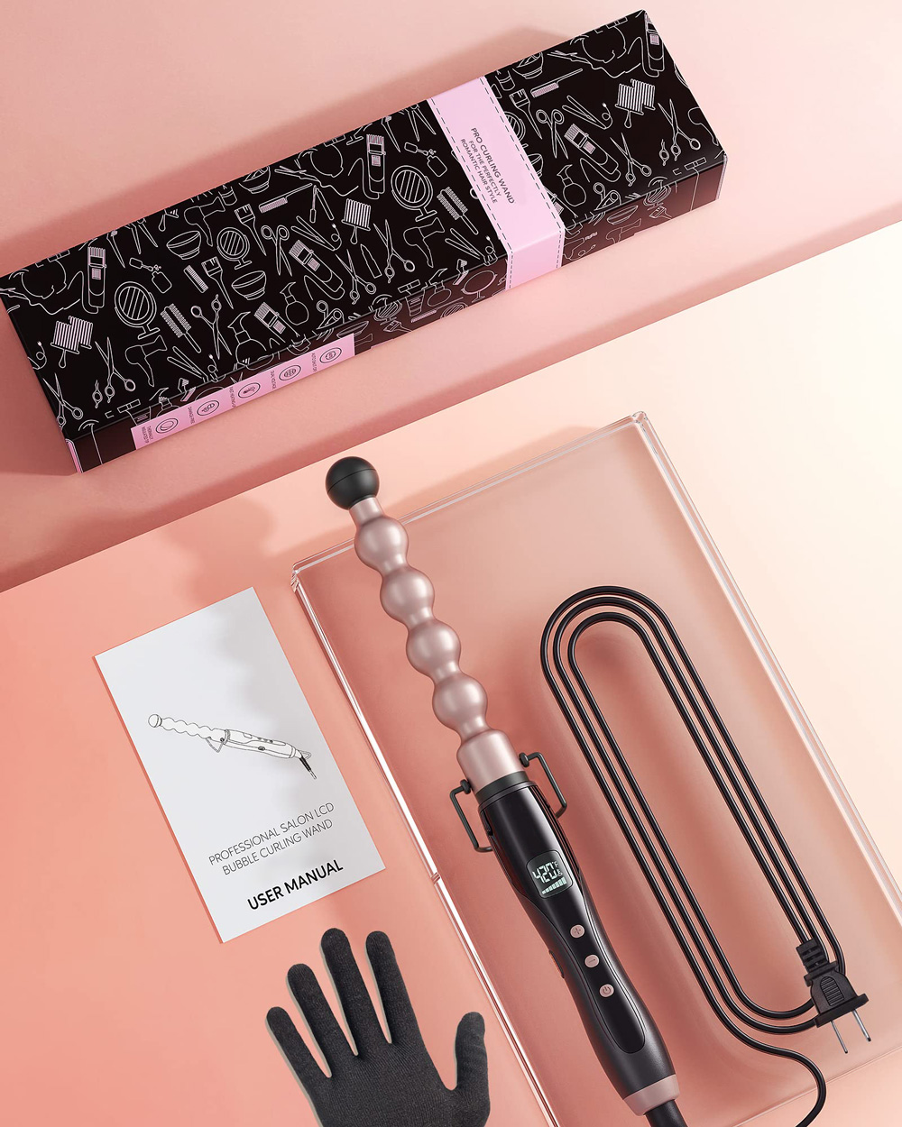 NB WIDE Electric Ceramic PTC Curling Wand with LCD Temperature Display 1 Inch Bubble Design Short Long Hair Hotel &amp; Household
