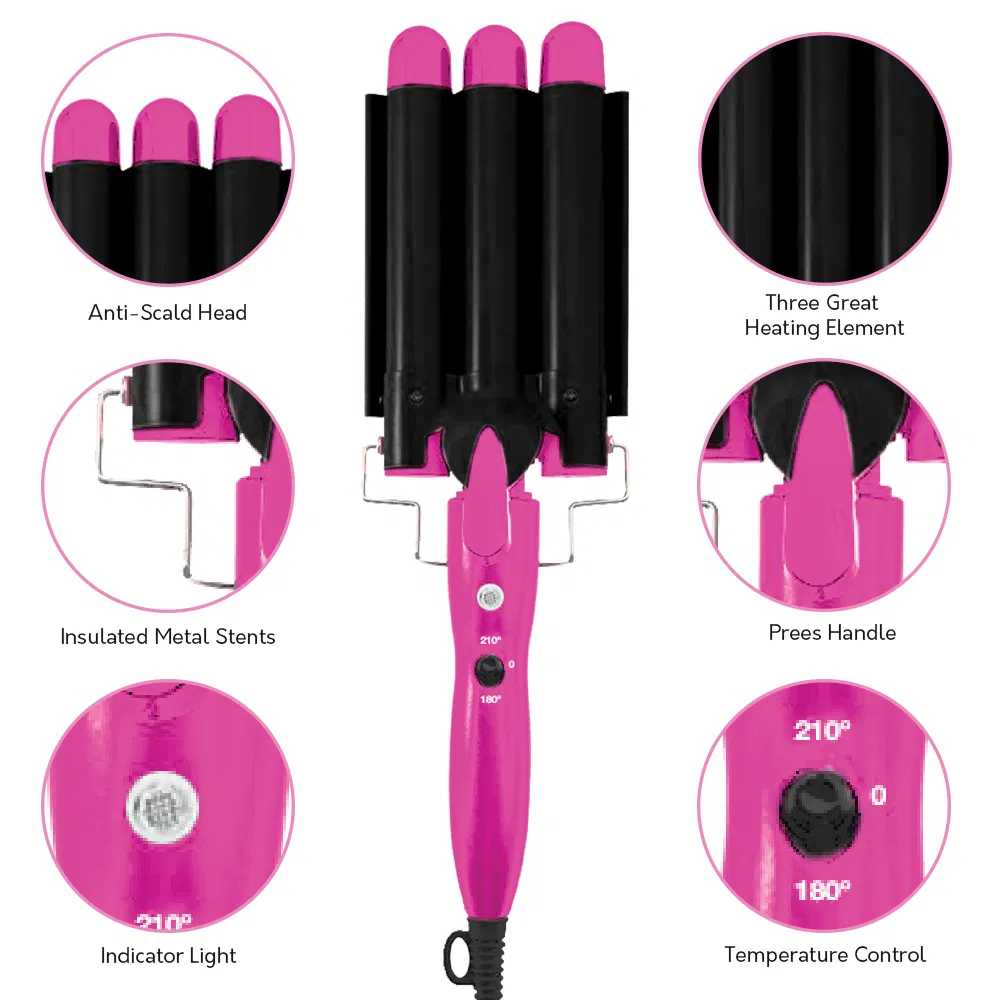 Hair Waver with 3 Barrel Hair Curler Brush and Alligator Clips