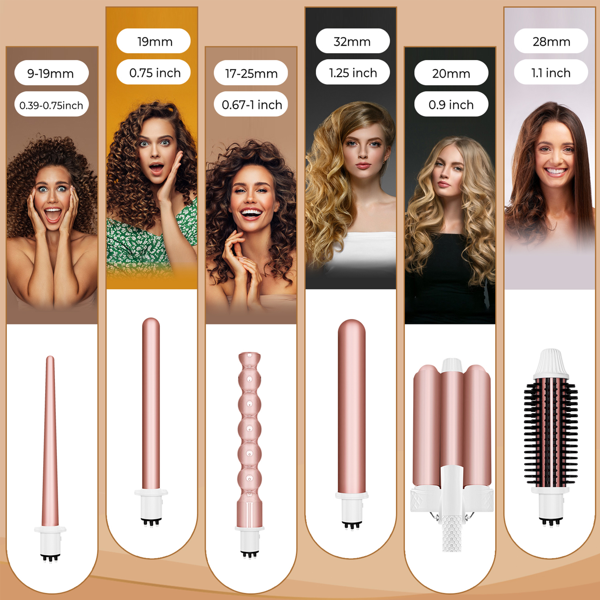 6 in 1 Professional Hair Curler Set 3 Barrel Mermaid Waver Bubble Wand with LCD Display Travel Case and Custom Logo