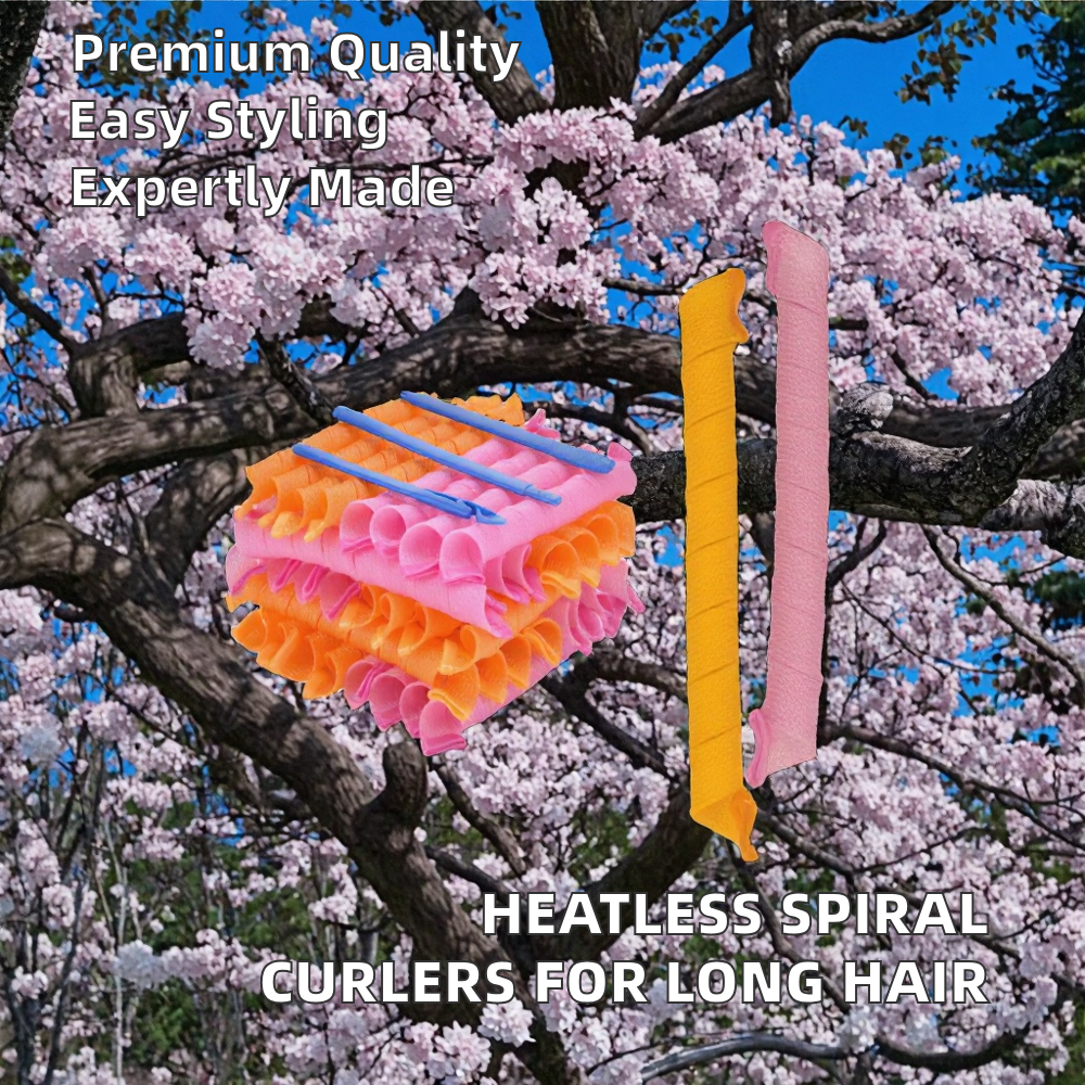 Heatless Cold Spiral Hair Curlers 55cm Nylon Fabric Rod Orange &amp; Pink for Long Hair Overnight Curls Styling Hook Home Use