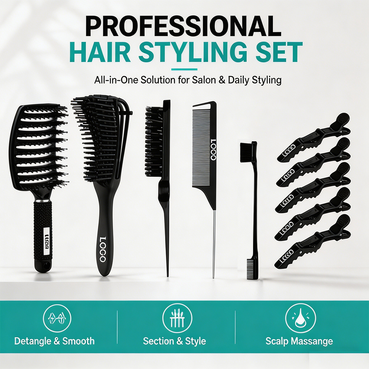 10pcs Custom Logo Comfortable Fashion Plastic Handle Hair Brush &amp; Comb Set Professional Salon &amp; Home Use Styling Set