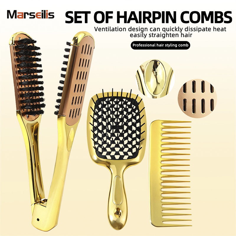 Electroplated Gold Vent Cushion Wide Tooth Detangling Hair Straightening Brush Set with Hair Styling Tools