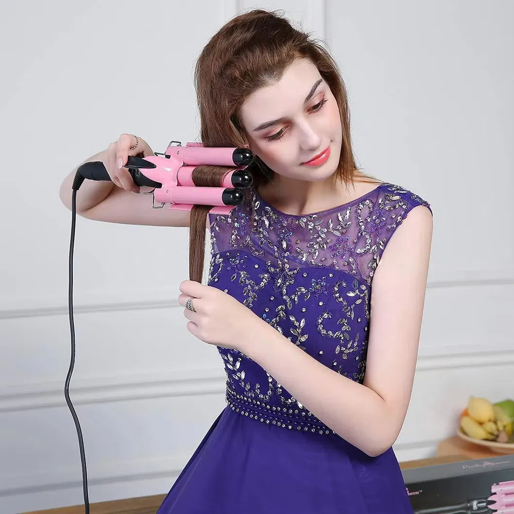 Private Label 3 Barrel Curling Iron Wand Pink Ceramic Tourmaline LCD Temperature Adjustable Hair Curler Hair Waver Iron
