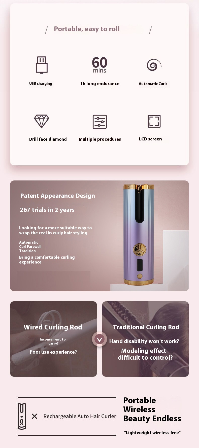 Portable Mini Wireless Automatic Curling Iron Gentle Hair Styling Multi-Purpose Tool Durable Negative Ion Lazy Big Wave Feature