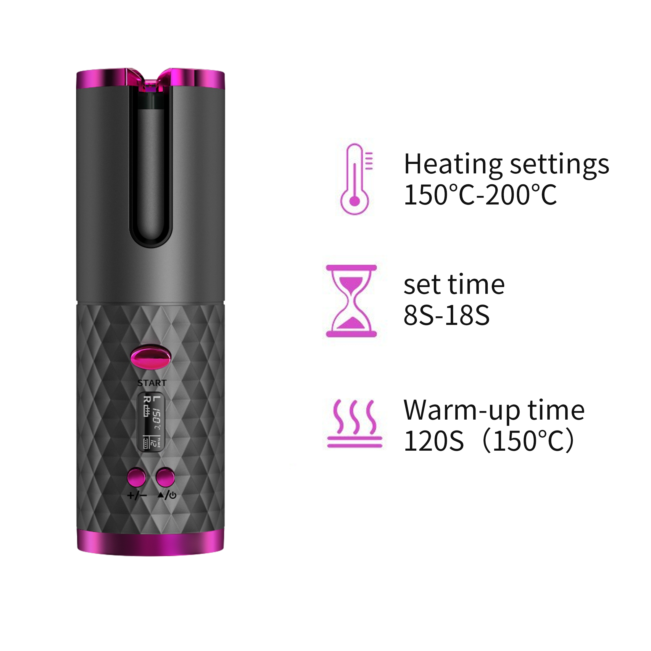 Automatic Cordless Hair Curler Fast Heating 6-Temperature LCD Display Rechargeable Styling Iron 6 Timers for Curl Hair