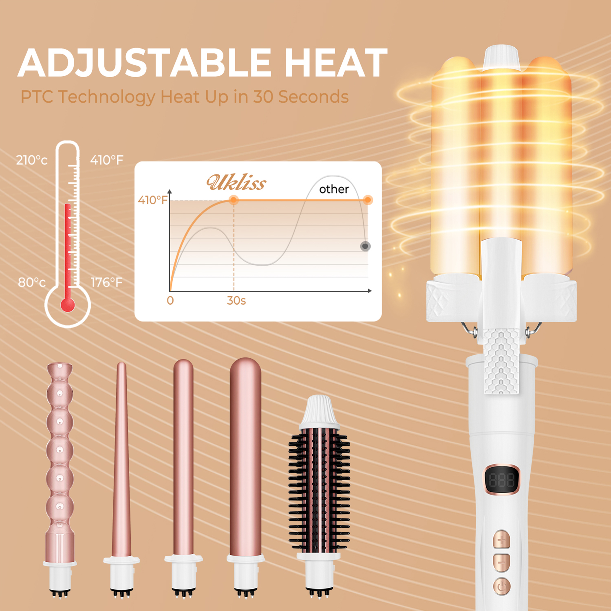 6 in 1 Professional Hair Curler Set 3 Barrel Mermaid Waver Bubble Wand with LCD Display Travel Case and Custom Logo