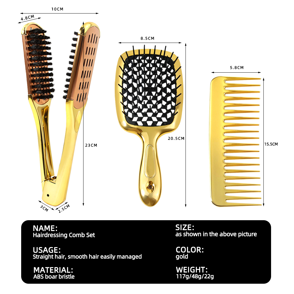 Electroplated Gold Vent Cushion Wide Tooth Detangling Hair Straightening Brush Set with Hair Styling Tools
