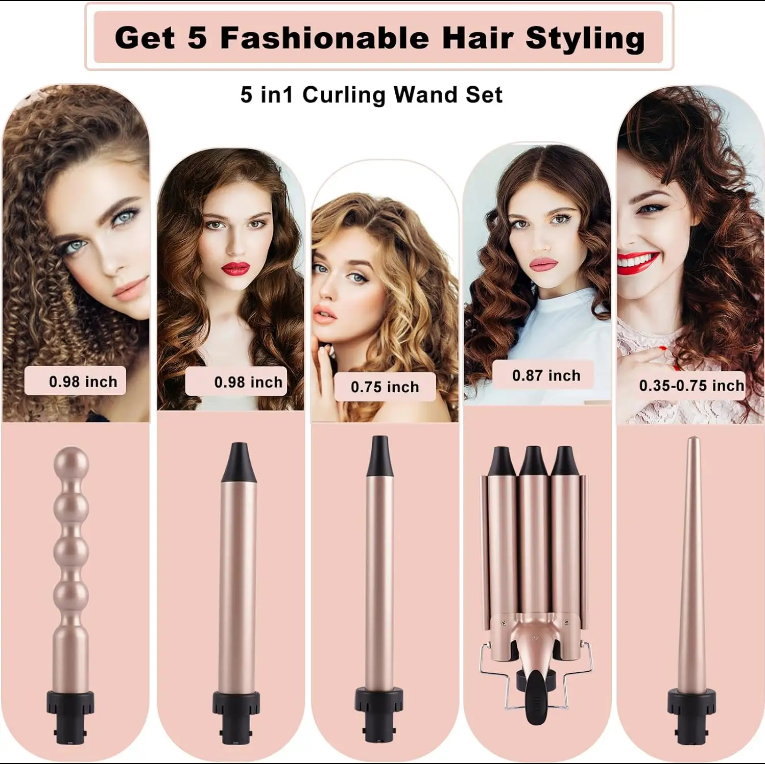 Professional 5 Barrel Electric Curling Iron Full Set PTC Fast Heat Interchangeable Barrel LED Temperature Display Hair Curling