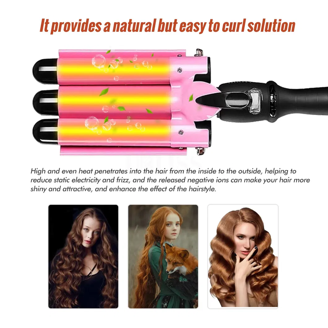 Private Label 3 Barrel Curling Iron Wand Pink Ceramic Tourmaline LCD Temperature Adjustable Hair Curler Hair Waver Iron