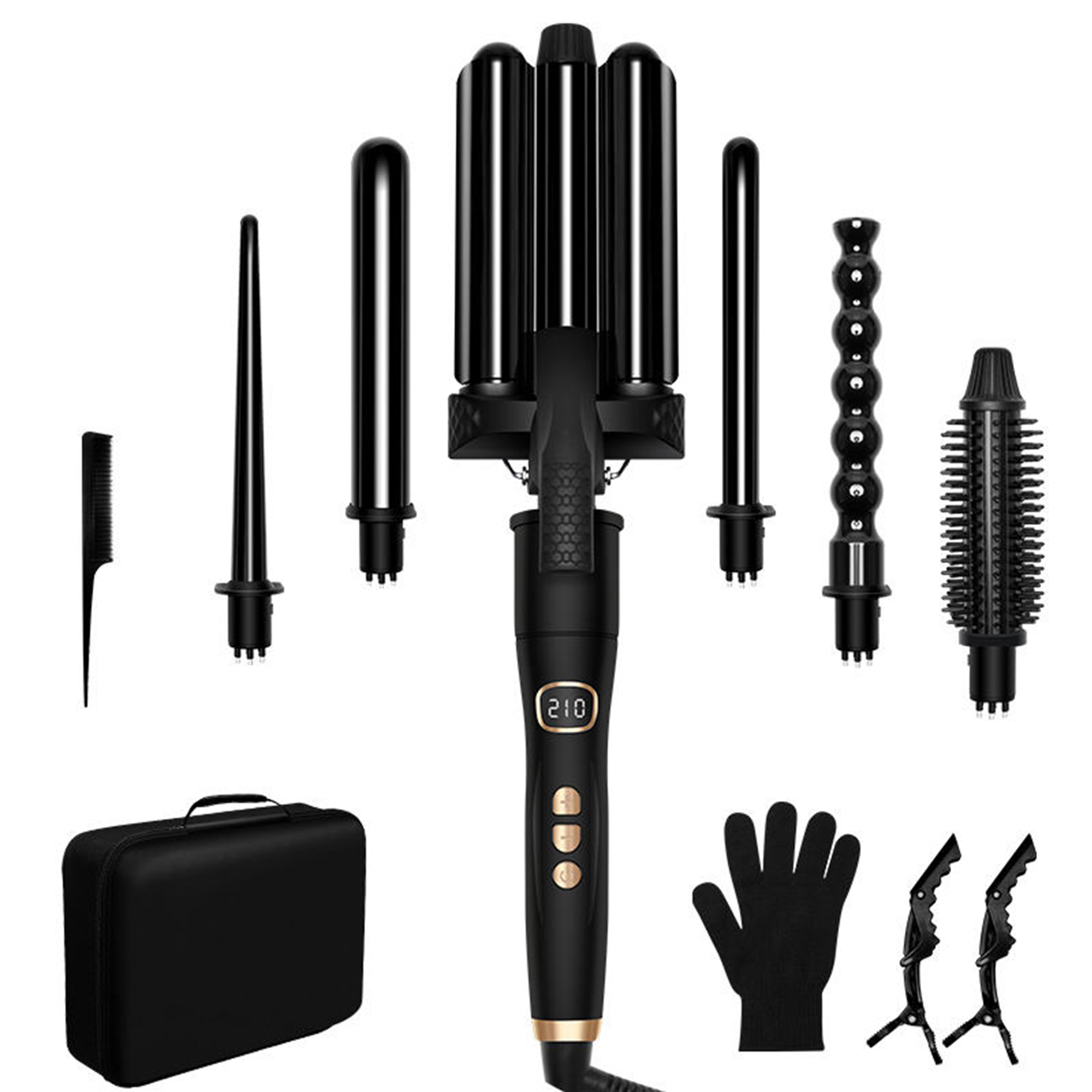 Custom Logo 6 in 1 Hair Curling Iron Set Professional Interchangeable Wand with LCD Display and Portable Travel Case