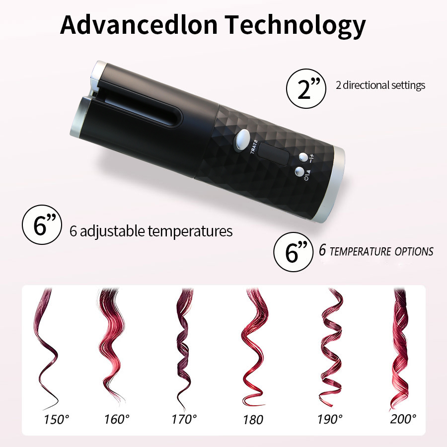 Cordless Automatic Curling Iron Rechargeable, 6 Temps, LCD Screen, Mini Portable Auto Hair Curlers for Travel