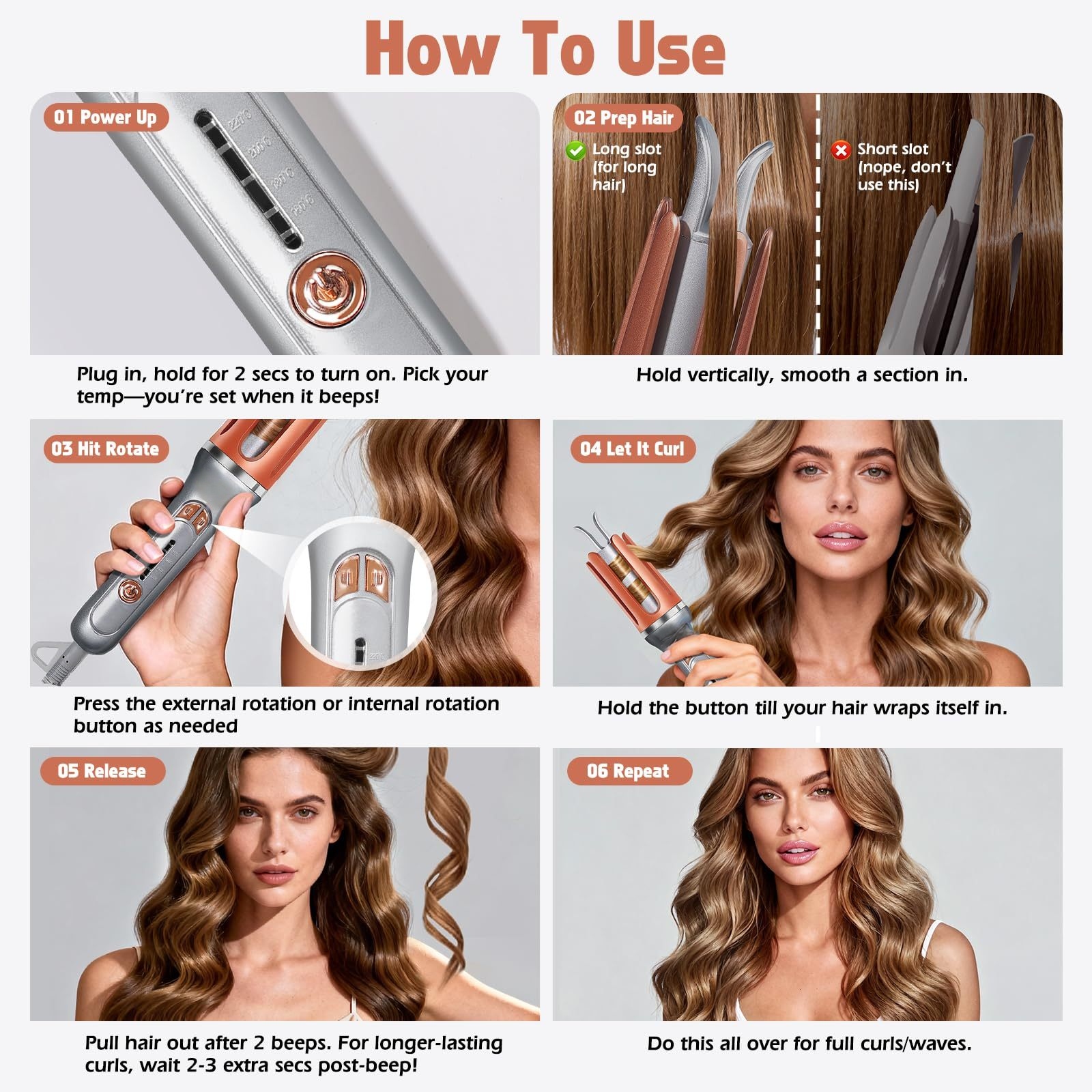 360&deg; Rotating Cord Automatic Hair Curler 32mm Barrel with 4 Heat Settings &amp; 60-Min Auto Shut Off Tangle-Free for Home &amp; Travel