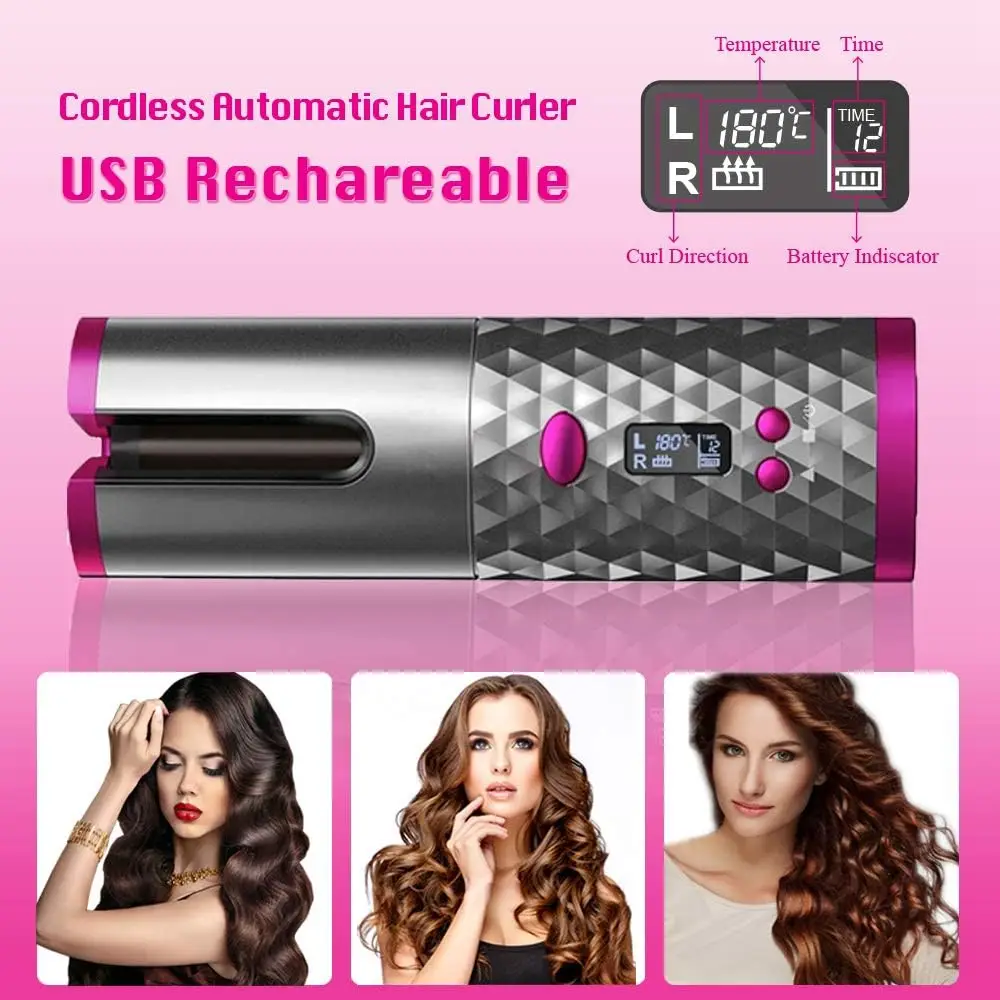 Hot Sale Portable Home Electric Iron Fully Automatic USB Cordless Hair Curler PTC Heater LED Temperature Display ROHS Certified