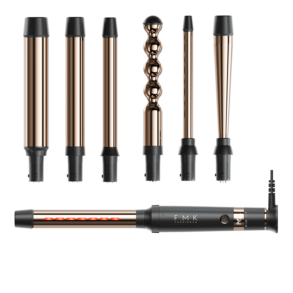 FMK Professional 7-in-1 Hair Styling Tools Electric Interchangeable 7-in-1 Hair Curling Wand LED Display PTC Heater for Hotels