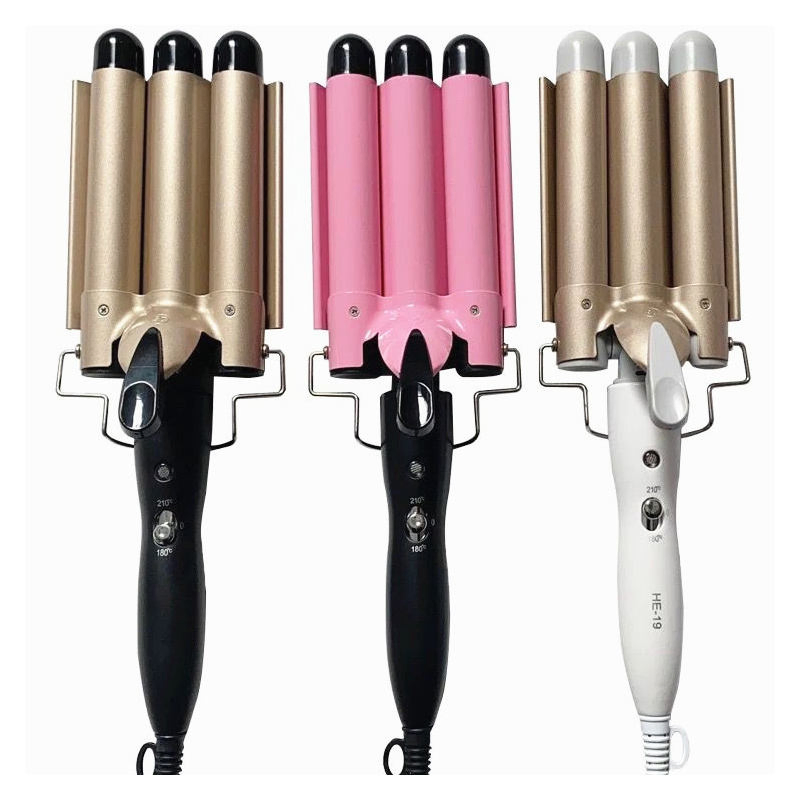 Save Portable Dual Voltage Three Barrel Curling Iron Features Ceramic Plates and an Adjustable LCD Temperature Display. Ideal for Hotels and Travel.