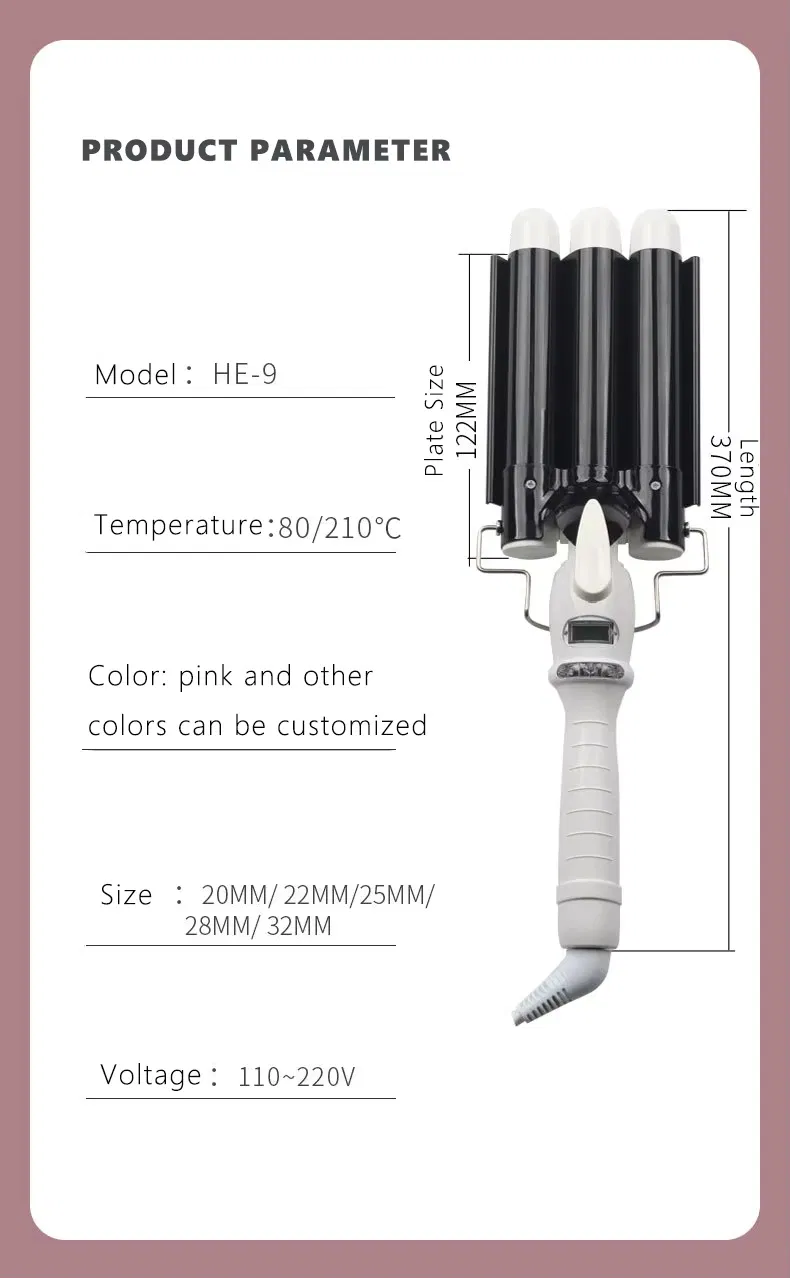 Private Label 3 Barrel Curling Iron Wand Pink Ceramic Tourmaline LCD Temperature Adjustable Hair Curler Hair Waver Iron