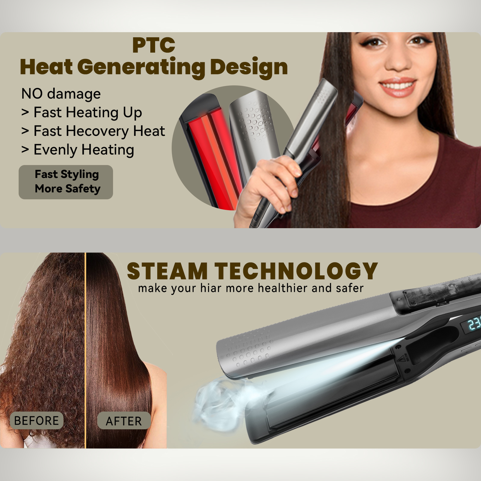 In Stock Straightener Hair Plate Steam Flat Iron Curler 2-in-1 for Household Hotel Use