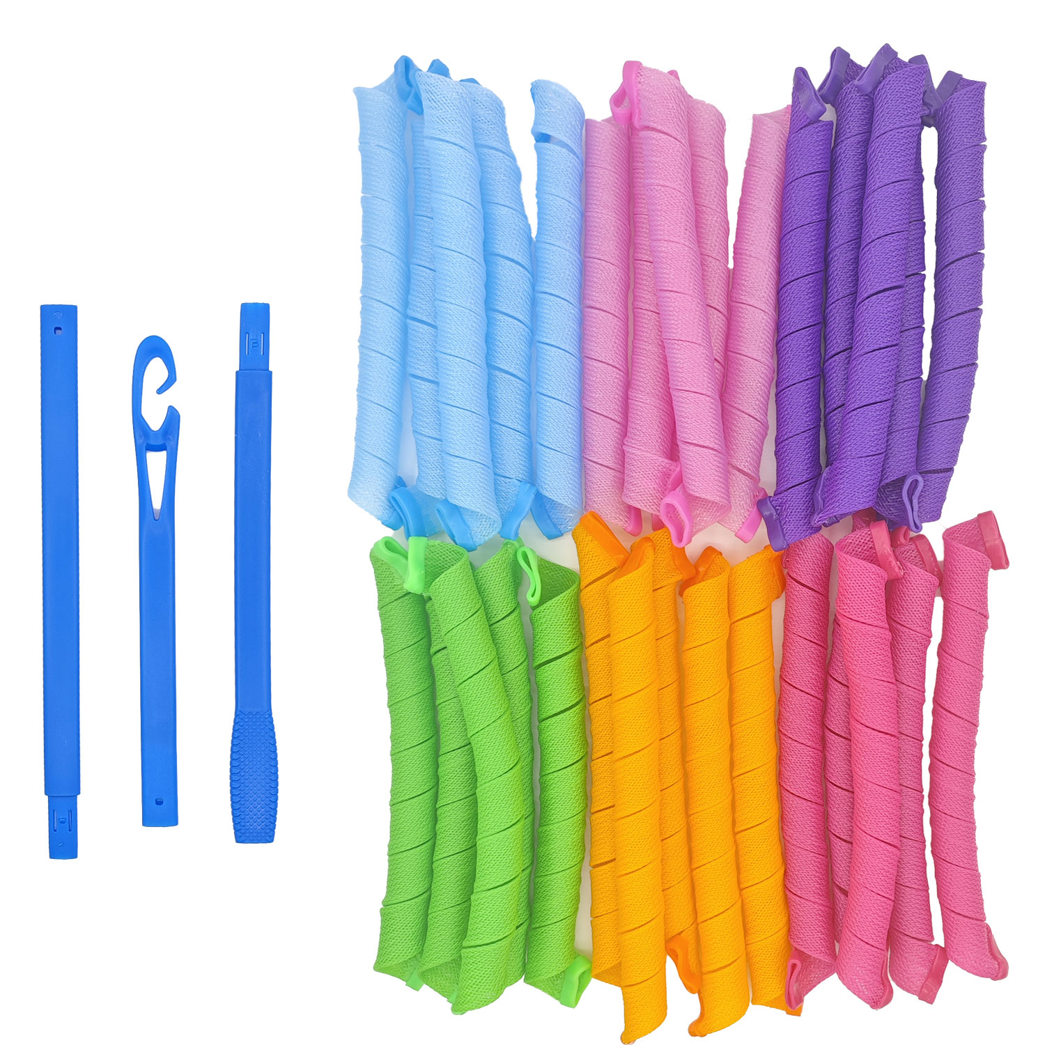 10pcs Cold Nylon Rod Spiral Curls No Heat Hair Rollers Kit with Styling Hooks for Long Hair 30cm/18.1Inch Home Use