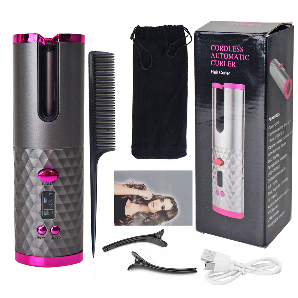 Electric Mini Spiral Wavy Curls Cordless Rechargeable Automatic Ceramic PTC LCD Rotating Portable Wireless Hair Curler Curling