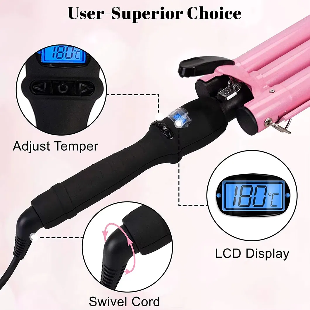 Private Label 3 Barrel Curling Iron Wand Pink Ceramic Tourmaline LCD Temperature Adjustable Hair Curler Hair Waver Iron