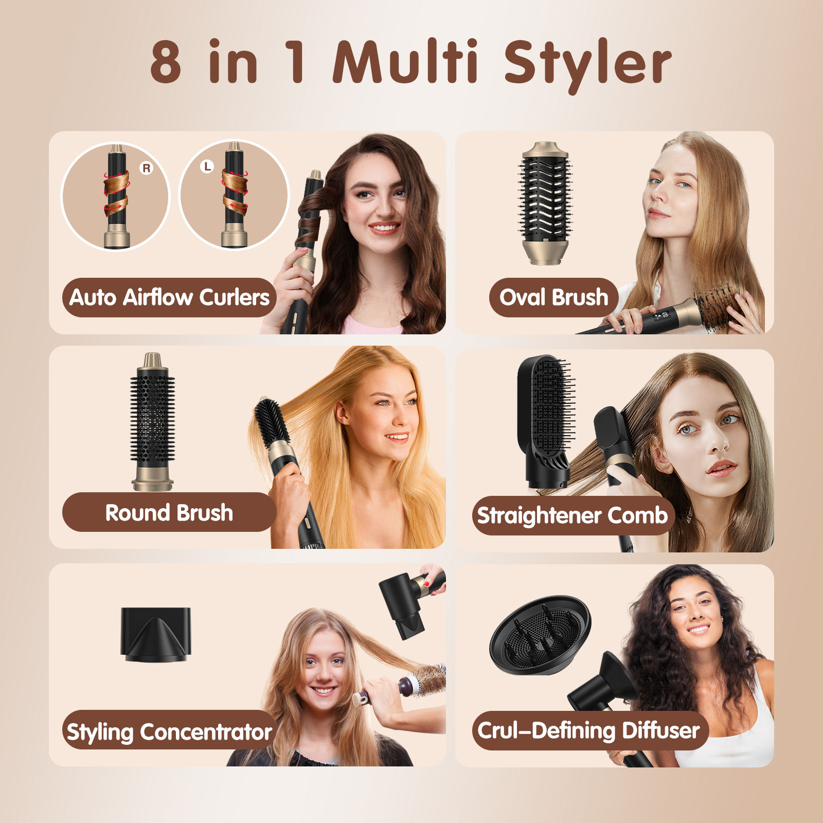 OEM Factory Strong Power Hot Air Hair Dryer Tools One Step Hot Air Brush Set 8 in 1 Complete Hair Styler