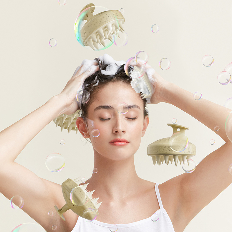 Custom Soft Silicone Scalp Massager Biodegradable Wheat Straw Scalp Shampoo Brush Portable Scalp Massager Brush