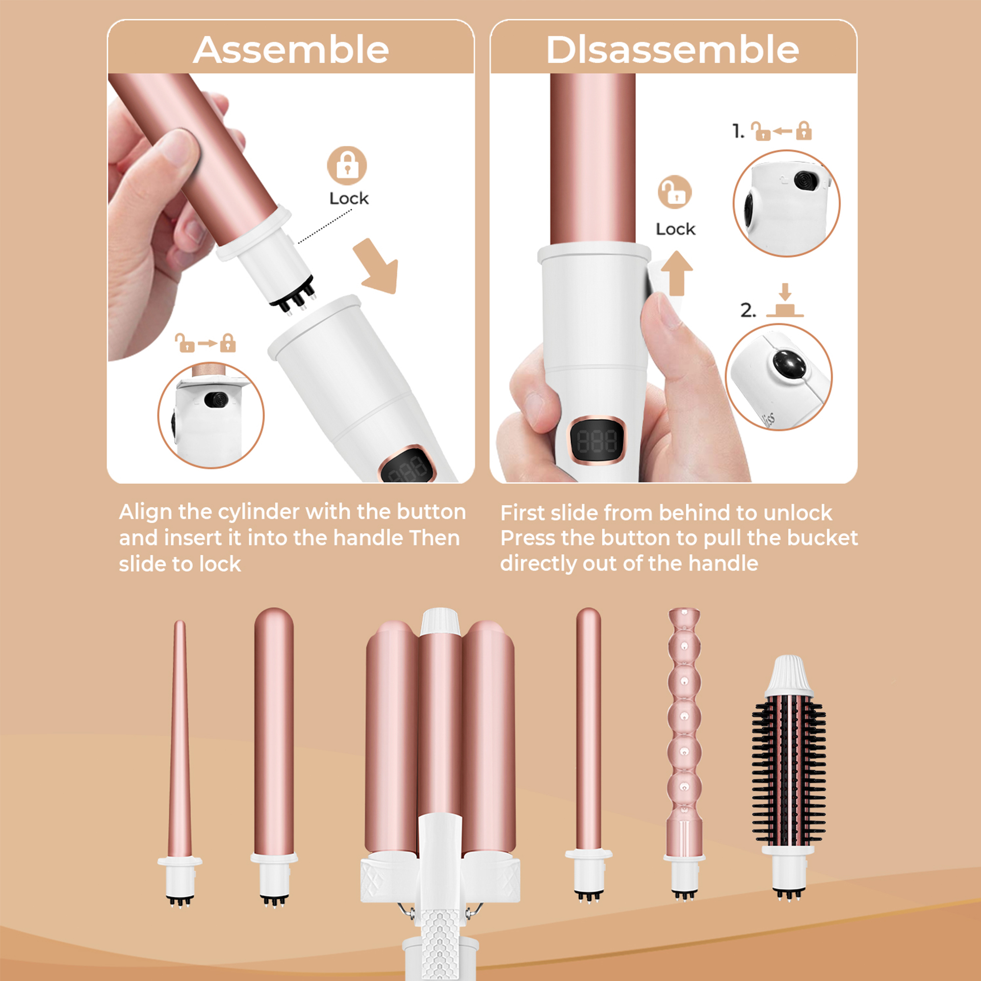 6 in 1 Professional Hair Curler Set 3 Barrel Mermaid Waver Bubble Wand with LCD Display Travel Case and Custom Logo