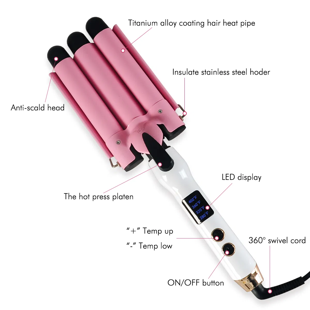 Professional Hair Curler with Triple Barrels and with LED Display
