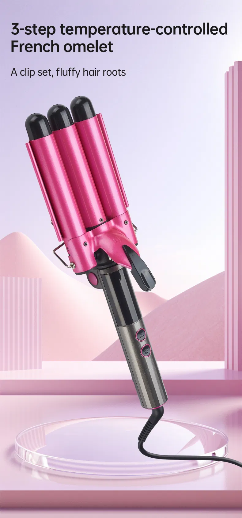 Three-Barrel Egg Roll Hair Curler with Adjustable Temp