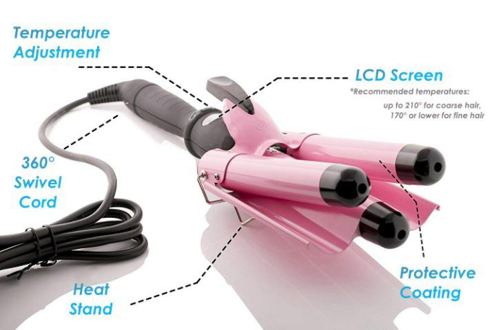 Factory Price LCD Temperature Display Pink Three Barrel Iron Hair Curler