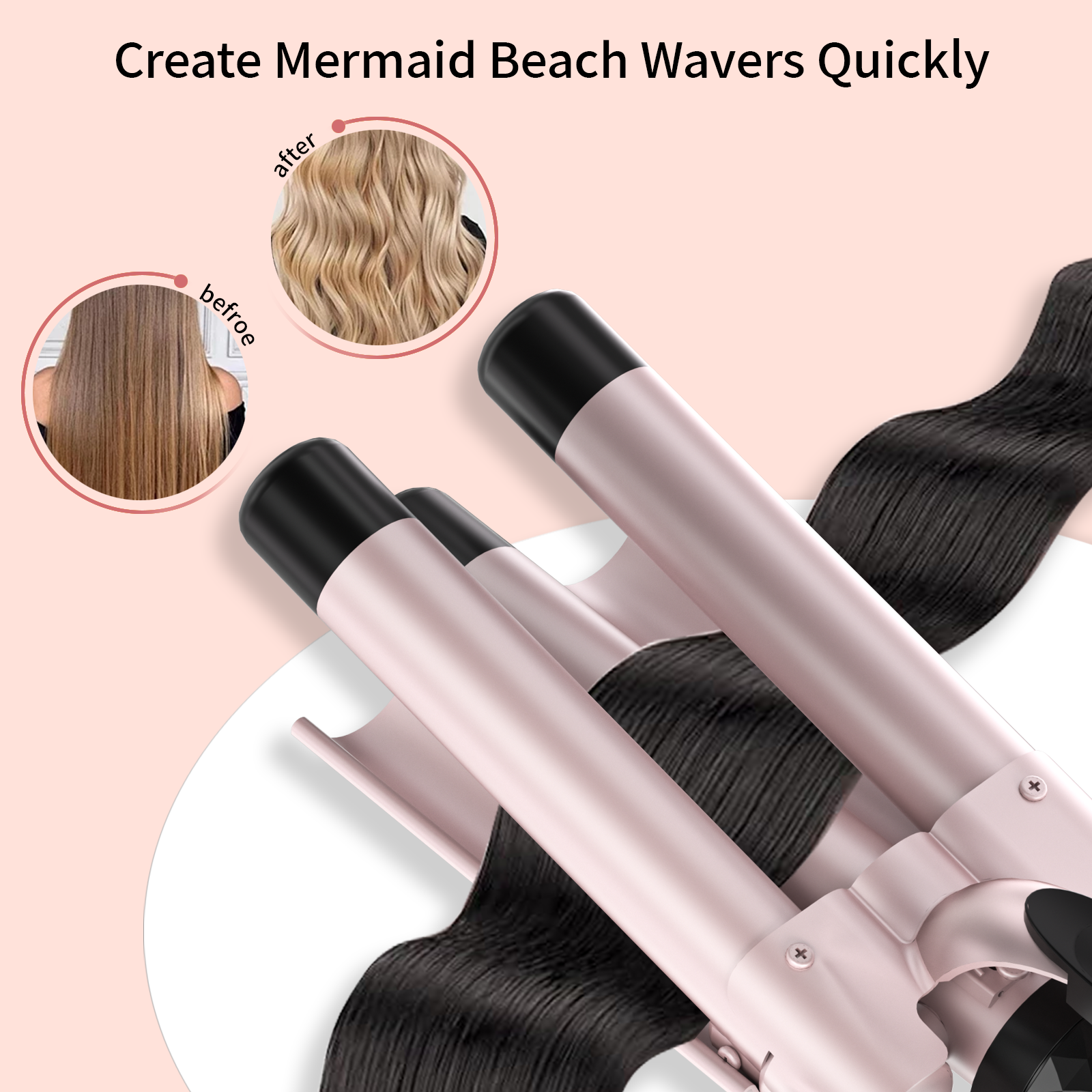 Wholesale Custom Rose Gold 3 Barrel Hair Curler Ceramic Deep Rotating Curling Waver Crimp Iron LCD Display PTC Heated Household